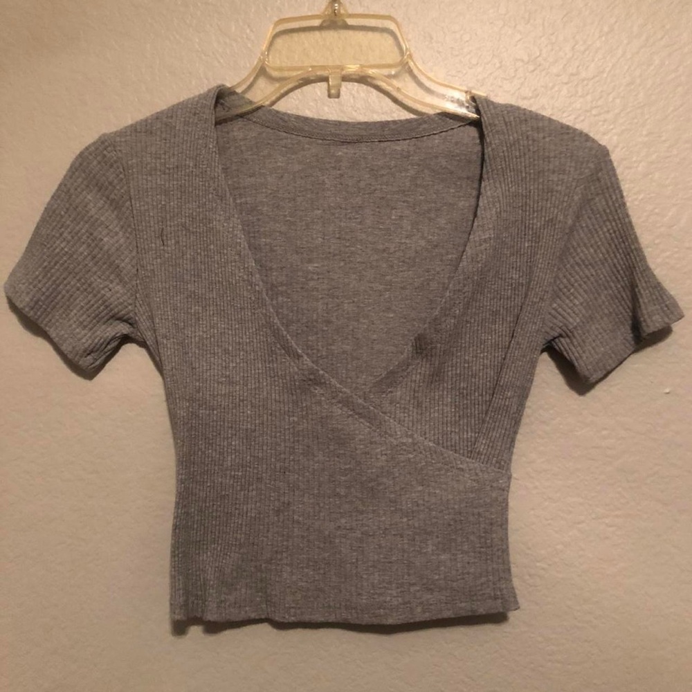 Gray Ribbed Wrap Top